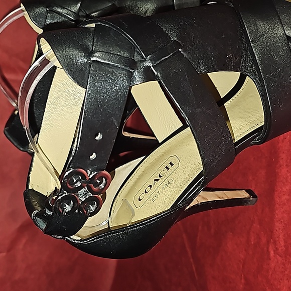 Coach MILA calfskin black leather strappy heels silver logo accent Size 8B VGUC - Picture 2 of 12